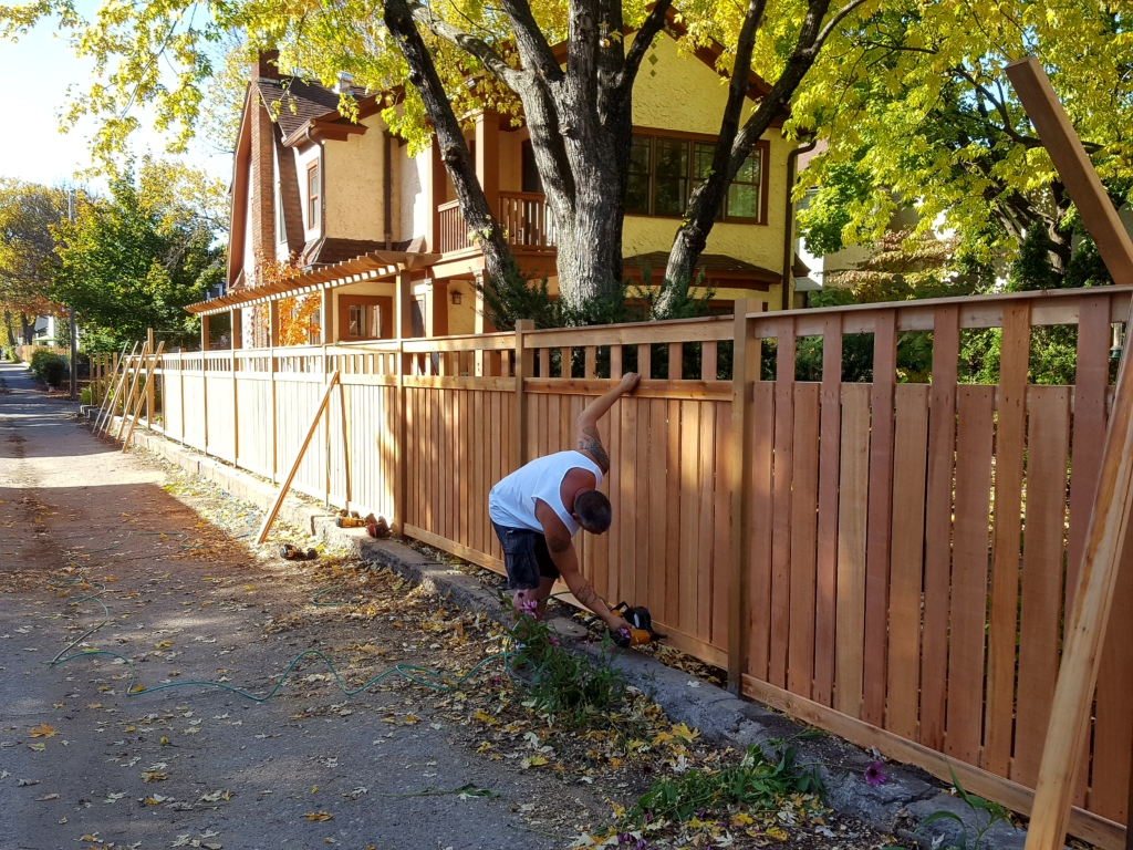 Premier Fence installer is building a cedar privacy fence with custom lattice top on an Autumn day